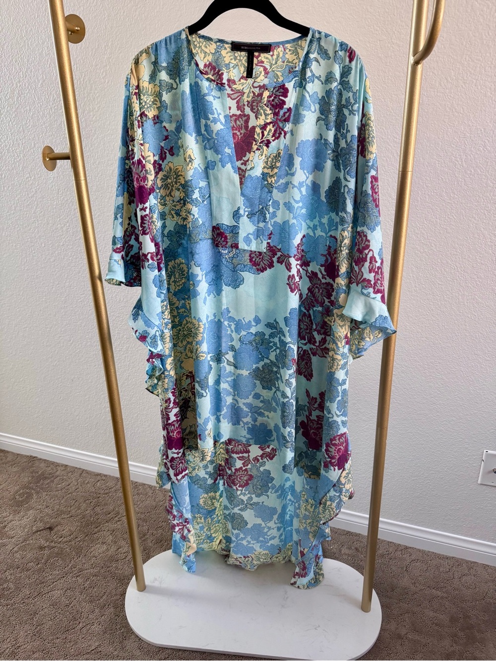 BCBG Silky Floral Kimono Caftan in Aqua, Berry & Sage